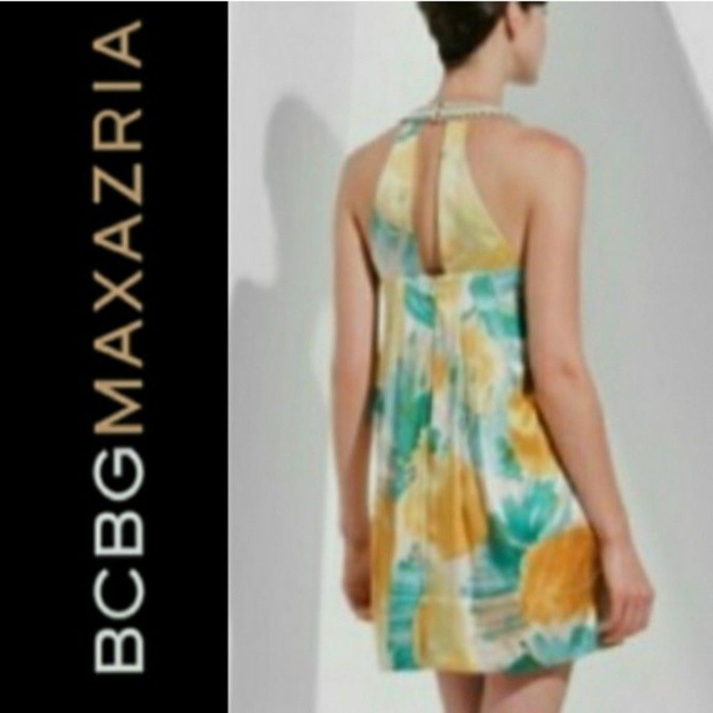 Bcbgmaxazria Silk Dress Mini Yellow Teal Jeweled Cocktail Evening Women L